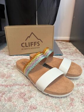 Cliffs by White Mountain White Slide Sandals with Multicolor Braided Straps